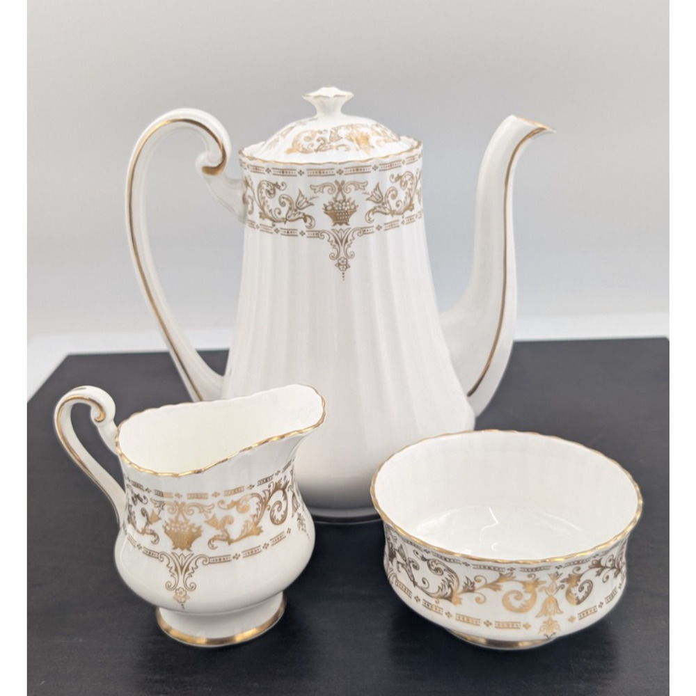 Paragon England Golden Adam Coffee Tea Pot Set with Creamer Sugar Bowl Gold Trim